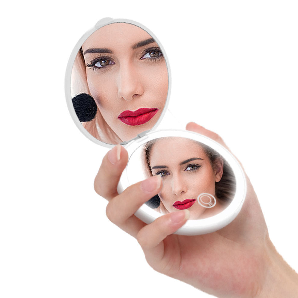 Espejo de maquillaje LED portátil, con aumento de 2X, recargable y portátil.