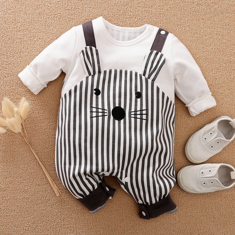Jumpsuit oreja 3D con estampado de rayas con figura de ratón, Mono de bebé a rayas de algodón
