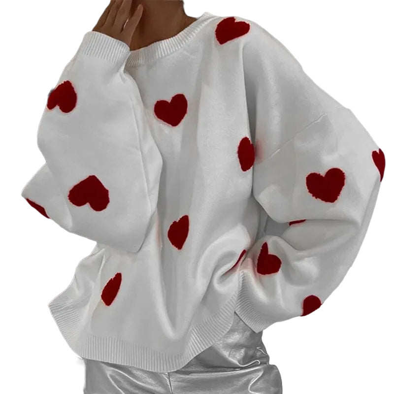 Jersey Con Patrón De Corazón, Jersey Casual De Manga Larga Con Hombros Caídos, Ropa De Mujer