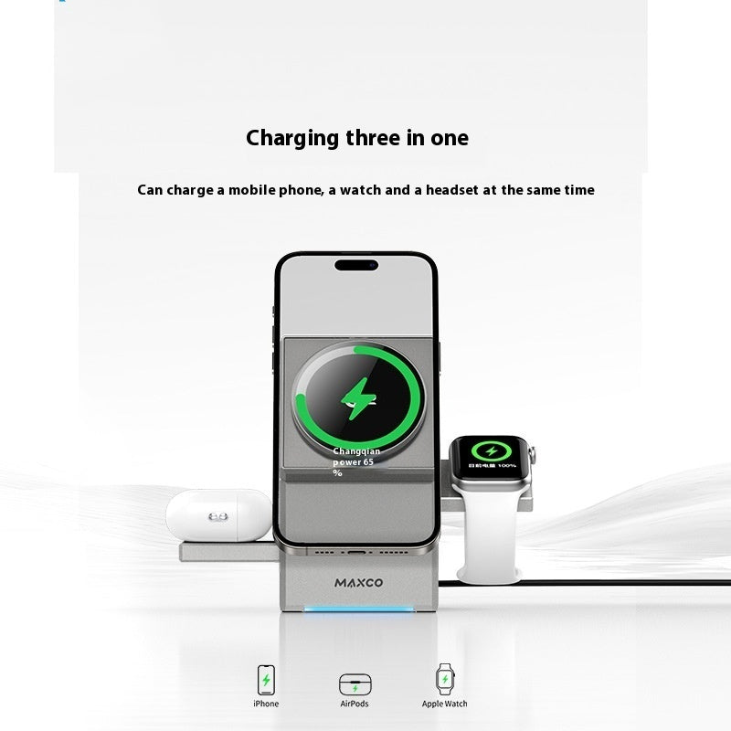 Cargador Inalámbrico 3 en 1 Qi2 Magnético Giratorio – Tipo C | Carga Rápida para Teléfono, Reloj y Auriculares