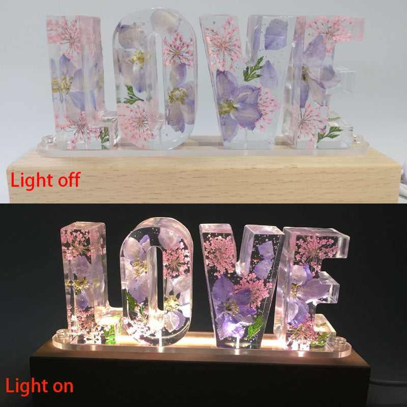 Lámpara de mesa con letras de amor, luz nocturna creativa con flores secas Luz LED decorativa