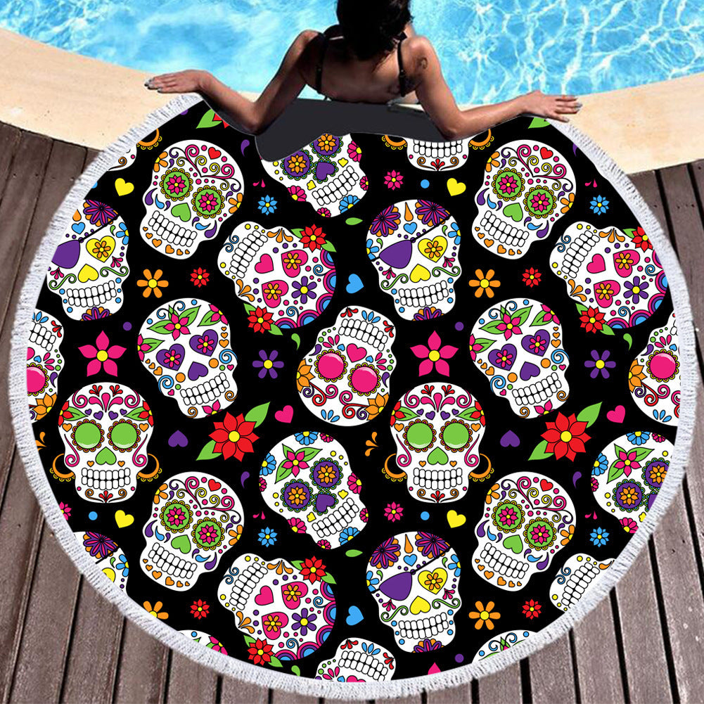 Toalla de playa redonda de algodón y fibra con motivos Mexicanos, ideal para disfrutar en la piscina, en la playa y gran tamaño para usar sobre la arena.