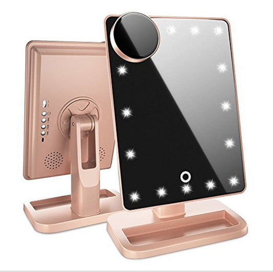Espejo de maquillaje con pantalla táctil y 20 luces LED, altavoz Bluetooth y música, espejos con aumento de 10 aumentos.
