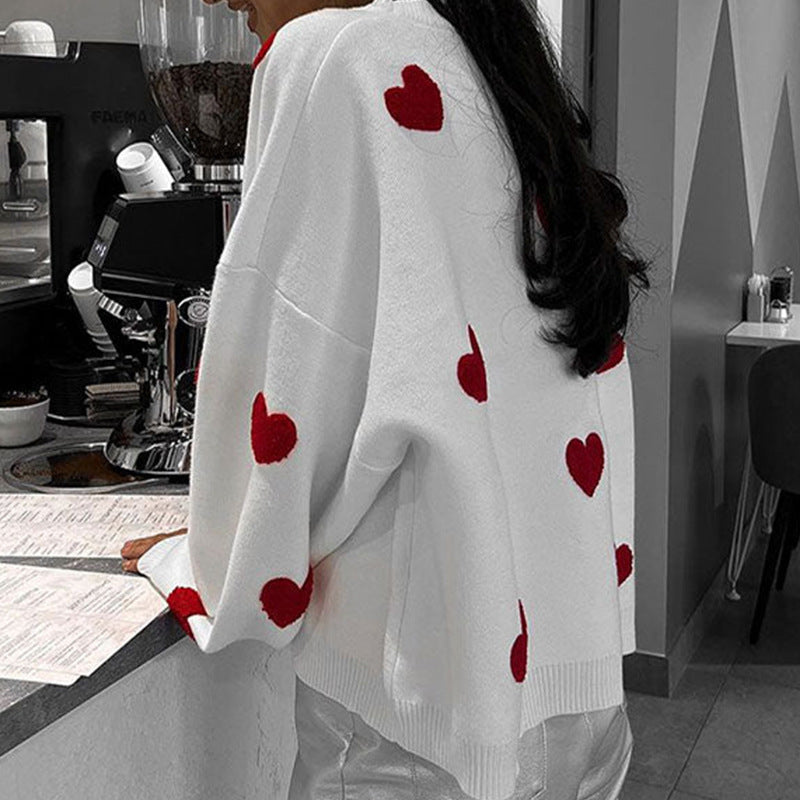 Jersey Con Patrón De Corazón, Jersey Casual De Manga Larga Con Hombros Caídos, Ropa De Mujer