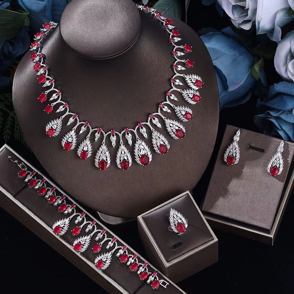 Joyería nupcial de circón brillante traje joyería de mujer, conjunto de piedras preciosas, Collar+colgantes*1 par+anillo+pulsera