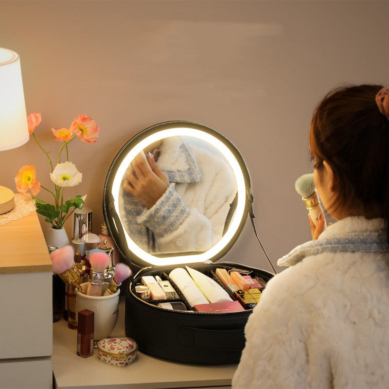 Maleta para maquillaje, Porta cosméticos con luz LED, caja de maquilla con luz inteligente en forma redonda