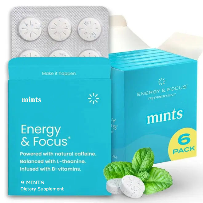 Mentas energéticas con cafeína para energía y concentración - Sin azúcar, con L-teanina, cafeína, vitaminas B12 y B6