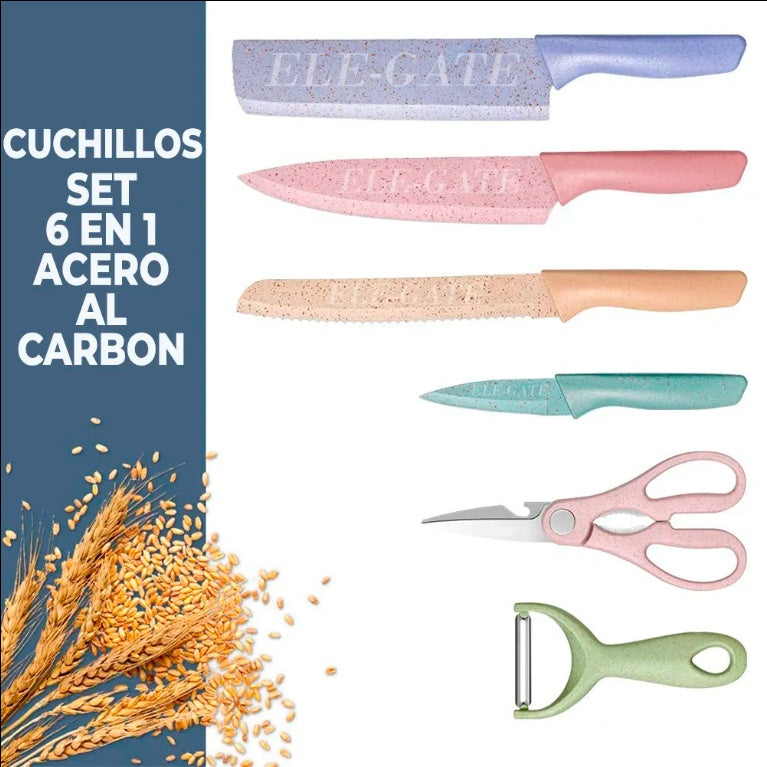 Set de Cuchillos de Cocina con Mango Antideslizante | 6 Piezas con Tijeras y Pelador