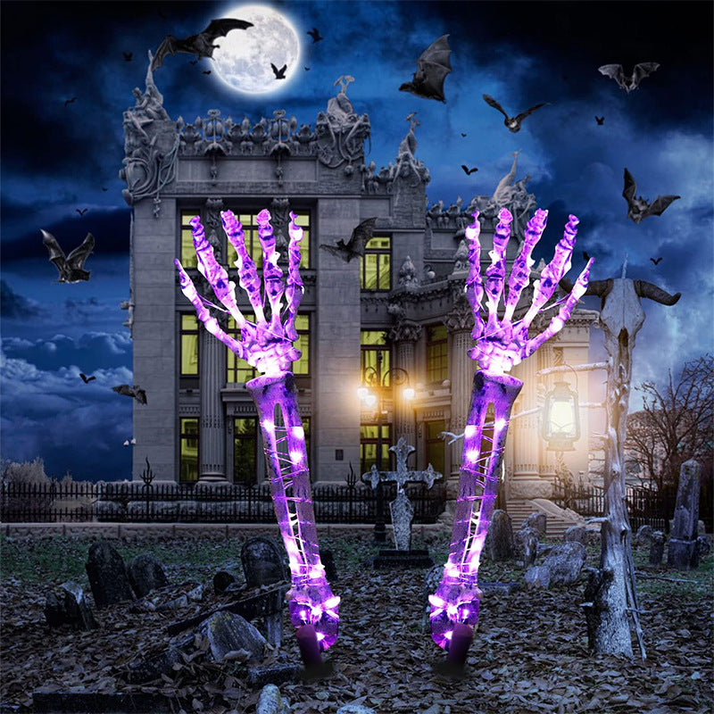 Mano esqueleto decorativo para Halloween, accesorios de decoración de jardín, luz LED, mano fantasma, mano con calavera, luz de enchufe