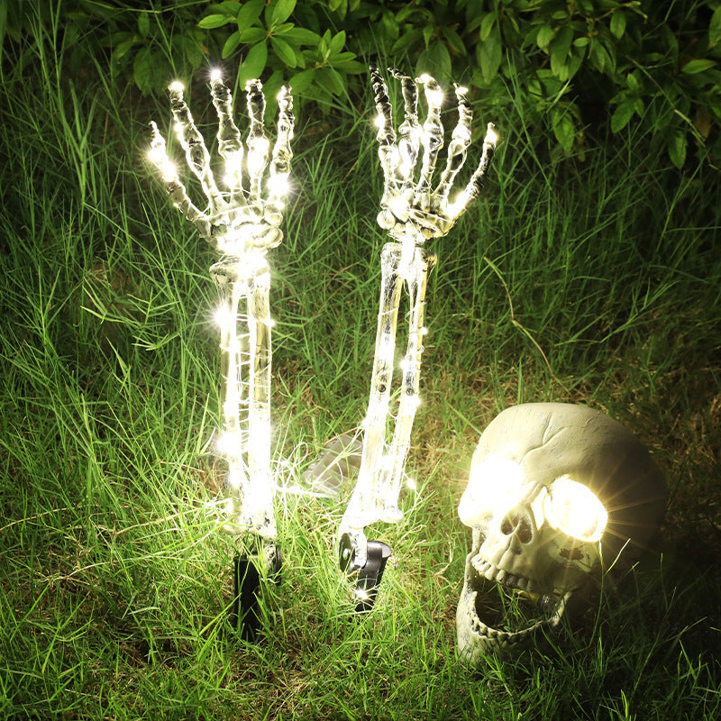 Mano esqueleto decorativo para Halloween, accesorios de decoración de jardín, luz LED, mano fantasma, mano con calavera, luz de enchufe