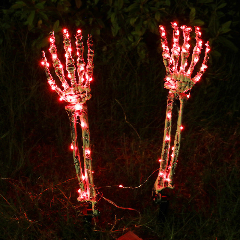 Mano esqueleto decorativo para Halloween, accesorios de decoración de jardín, luz LED, mano fantasma, mano con calavera, luz de enchufe