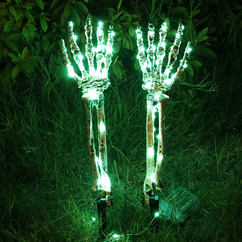 Mano esqueleto decorativo para Halloween, accesorios de decoración de jardín, luz LED, mano fantasma, mano con calavera, luz de enchufe