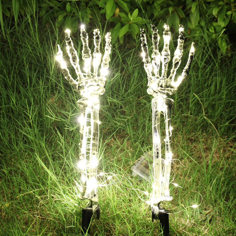 Mano esqueleto decorativo para Halloween, accesorios de decoración de jardín, luz LED, mano fantasma, mano con calavera, luz de enchufe