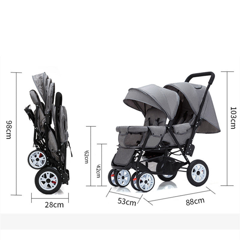 Cochecito ligero para niños doble, carrito plegable con asiento delantero y trasero, tamaño grande, cuatro ruedas, cómodo, doble asiento ideal mellizos