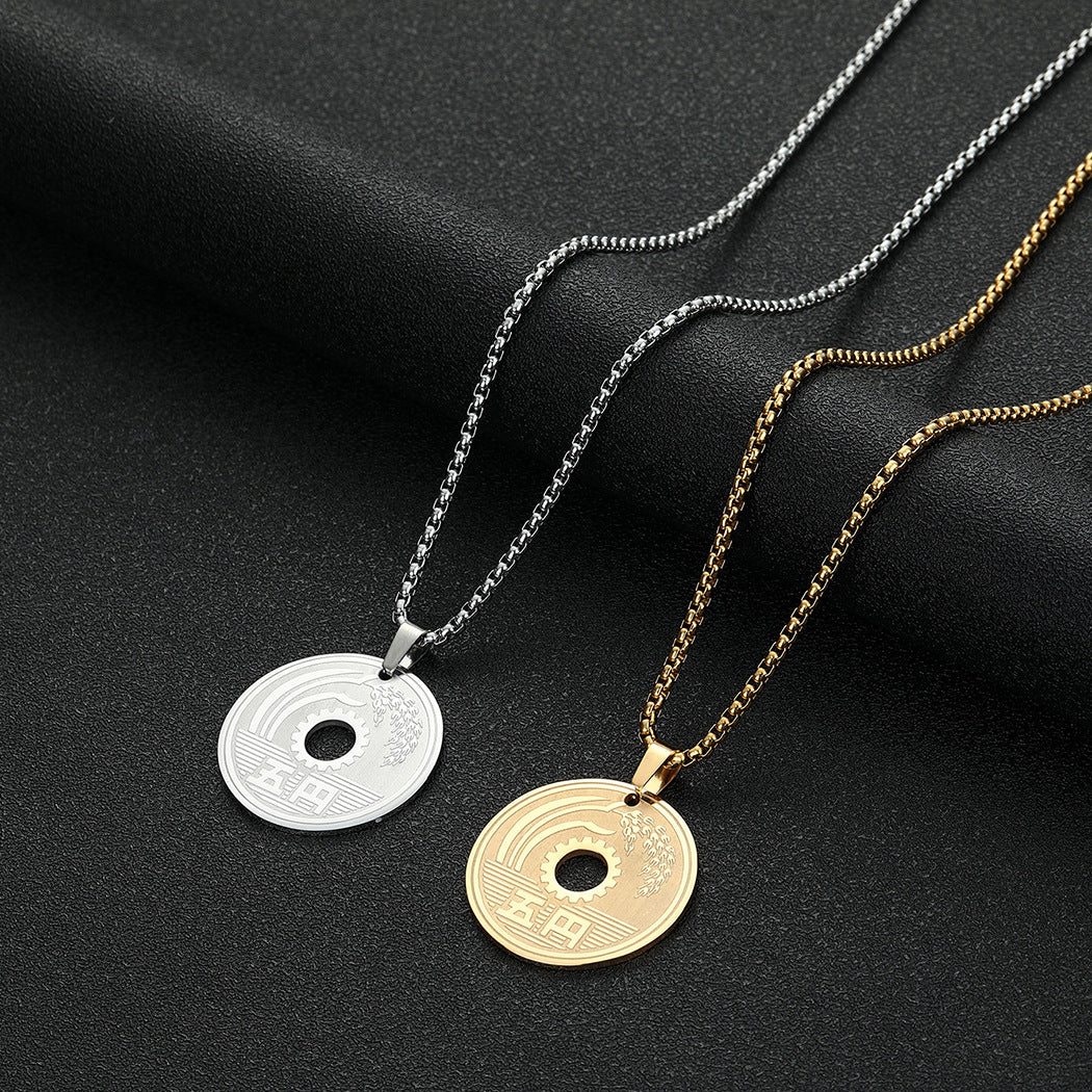Collar de moneda japonesa para la a suerte, moneda de 5 yenes, joyería de acero inoxidable de círculo redondo