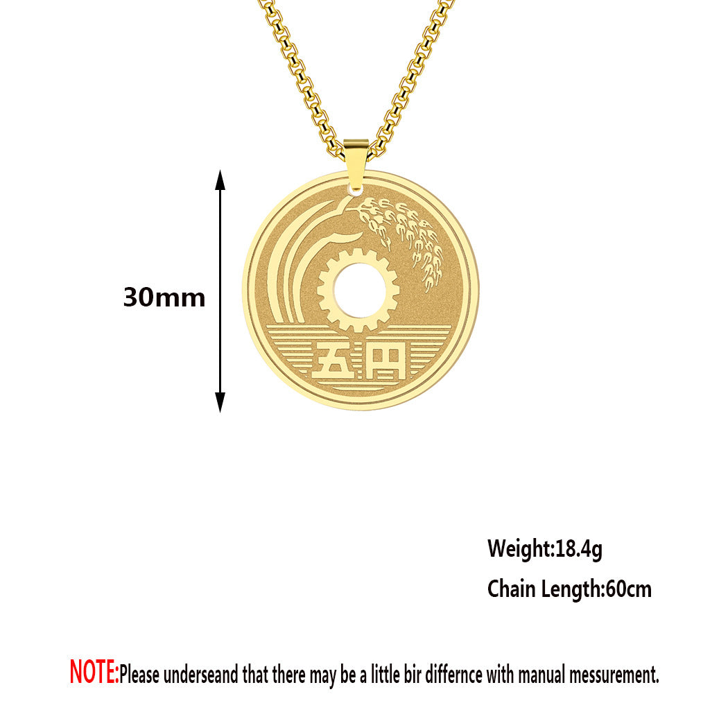 Collar de moneda japonesa para la a suerte, moneda de 5 yenes, joyería de acero inoxidable de círculo redondo