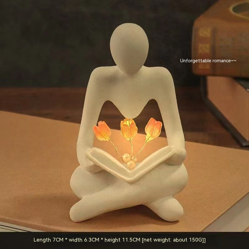 Estatua del pensador abstracto nórdico, luces, lector creativo, escultura de libro de tulipán, lámpara de noche, estante de escritorio, figuritas decorativas