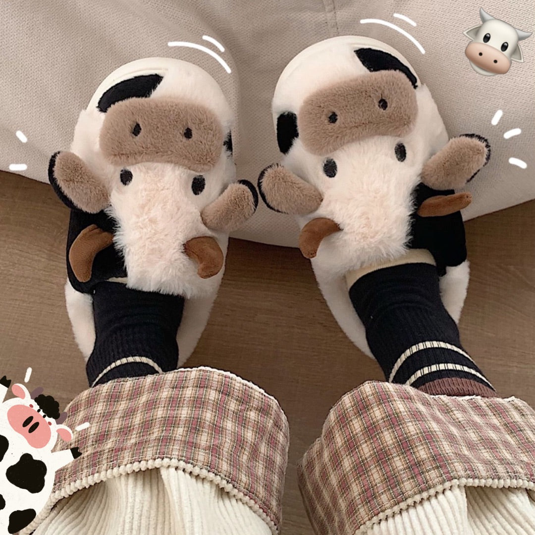 Pantuflas de diseño de vaca, pantuflas cálidas suaves y esponjosas para invierno