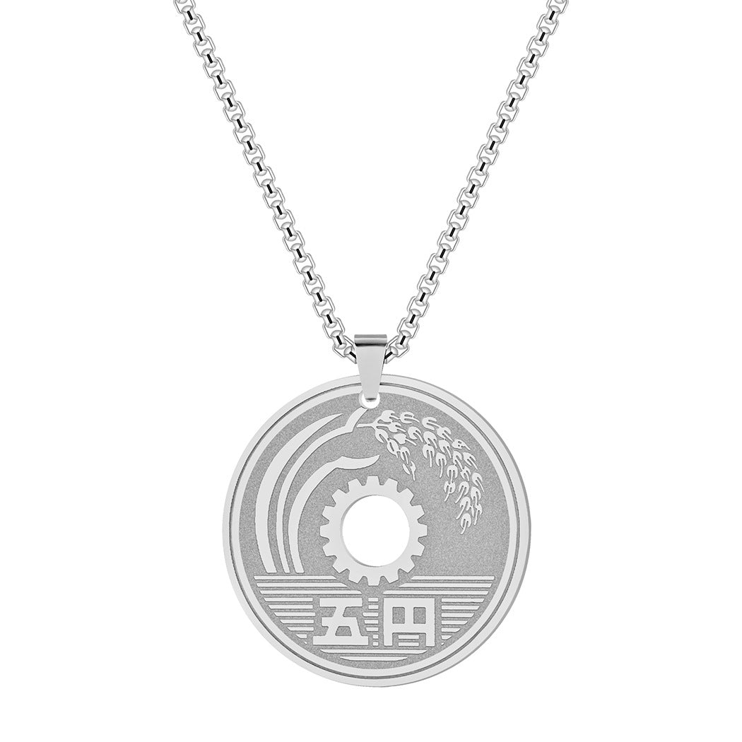 Collar de moneda japonesa para la a suerte, moneda de 5 yenes, joyería de acero inoxidable de círculo redondo