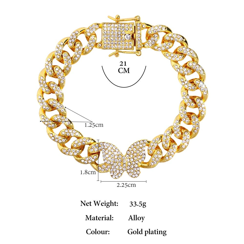 Cadena de eslabones cubanos sobre banda de diamantes de imitación, collar de mariposa tridimensional giratorio, joyería