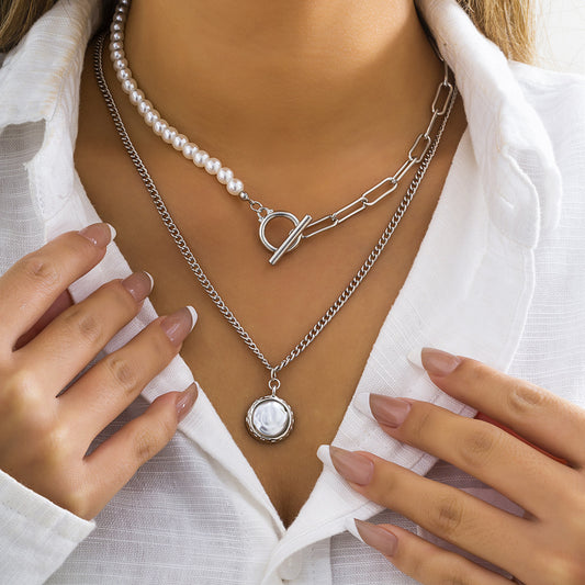 Cadena de metal versátil vintage con doble vuelta en perlas y piedras