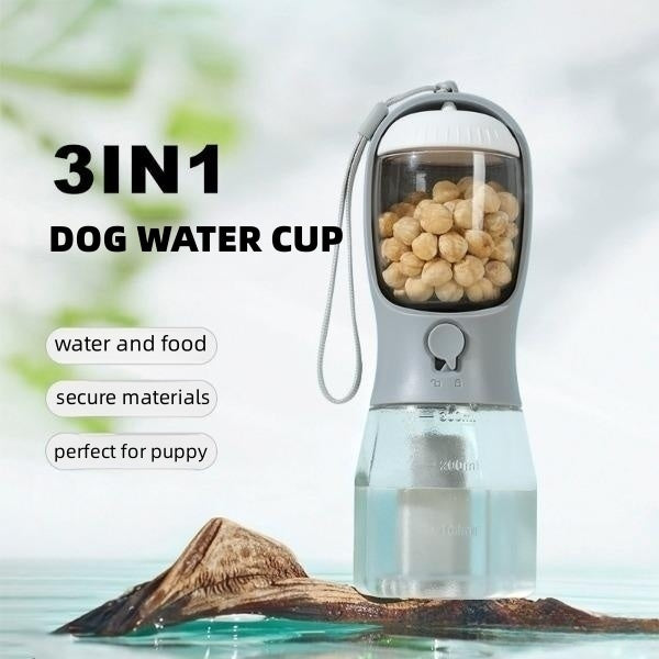 Botella Multifuncional para Mascotas 3 en 1, Vaso Portátil – Agua, Comida y Bolsas en un Solo Click