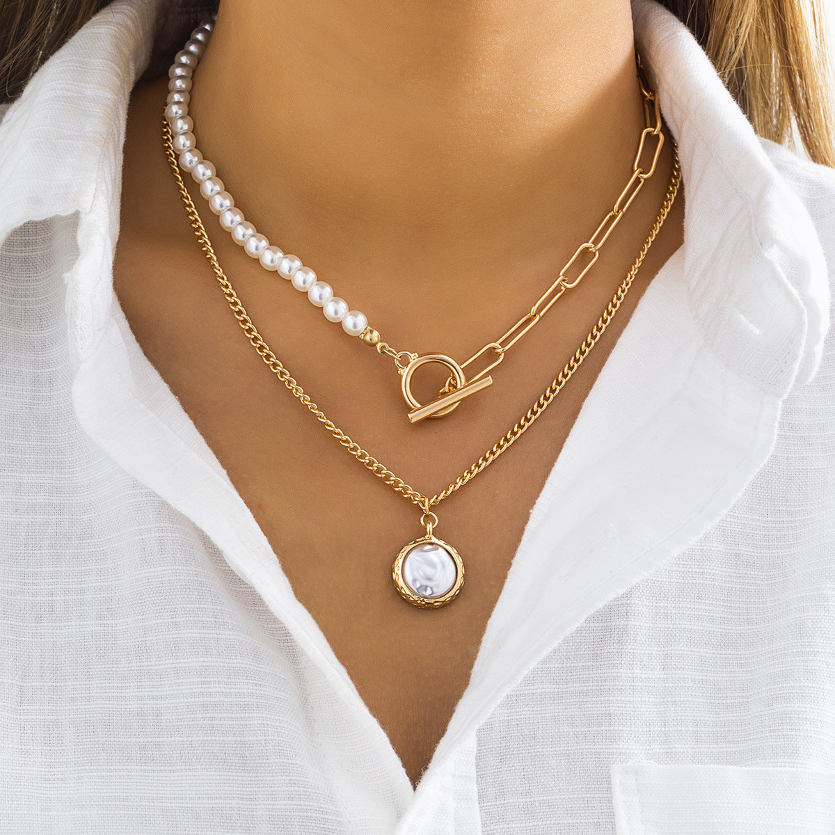 Cadena de metal versátil vintage con doble vuelta en perlas y piedras