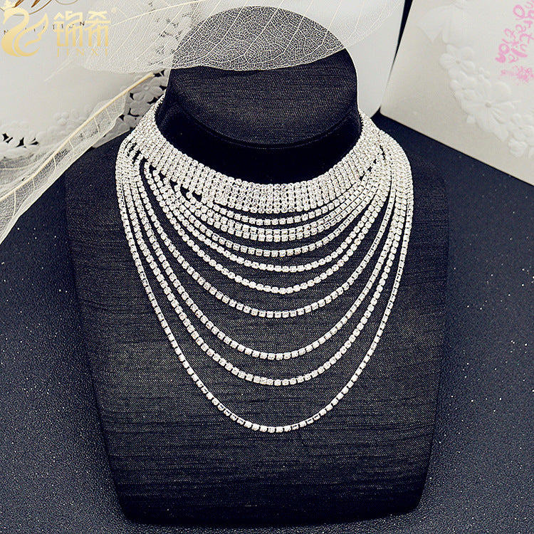 Collar de cadena con borlas de diamantes de imitación, gargantilla brillante varias vueltas en plateado