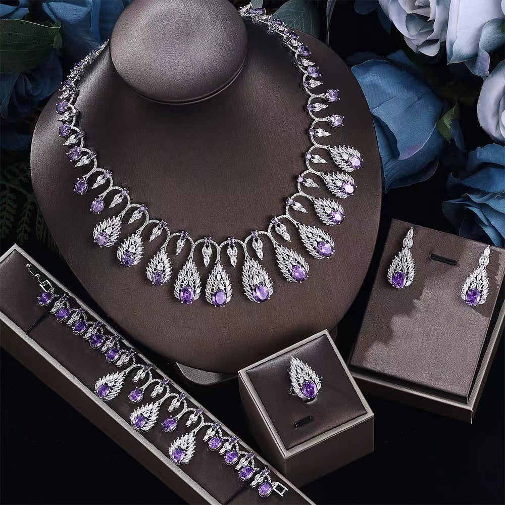 Joyería nupcial de circón brillante traje joyería de mujer, conjunto de piedras preciosas, Collar+colgantes*1 par+anillo+pulsera