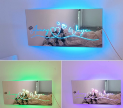 Espejo con luz LED y nombre personalizado para dormitorio, espejo de pared con luz LED, foto personalizada, regalo de Navidad, San Valentín y boda.