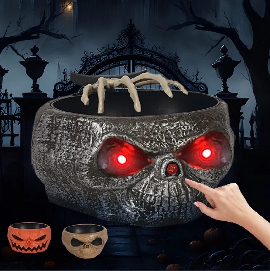 Cuenco de calabaza de plástico para dulces de Halloween con mano que se activa por movimiento.