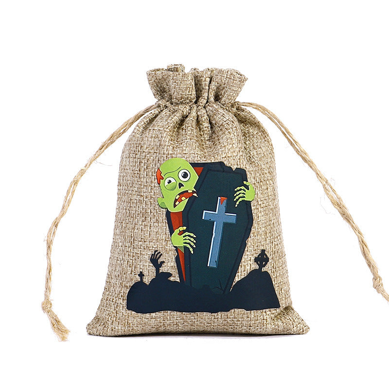 Bolsa de Dulces de Halloween 🍬 – Lino con Cordón y Diseños Terrorífico