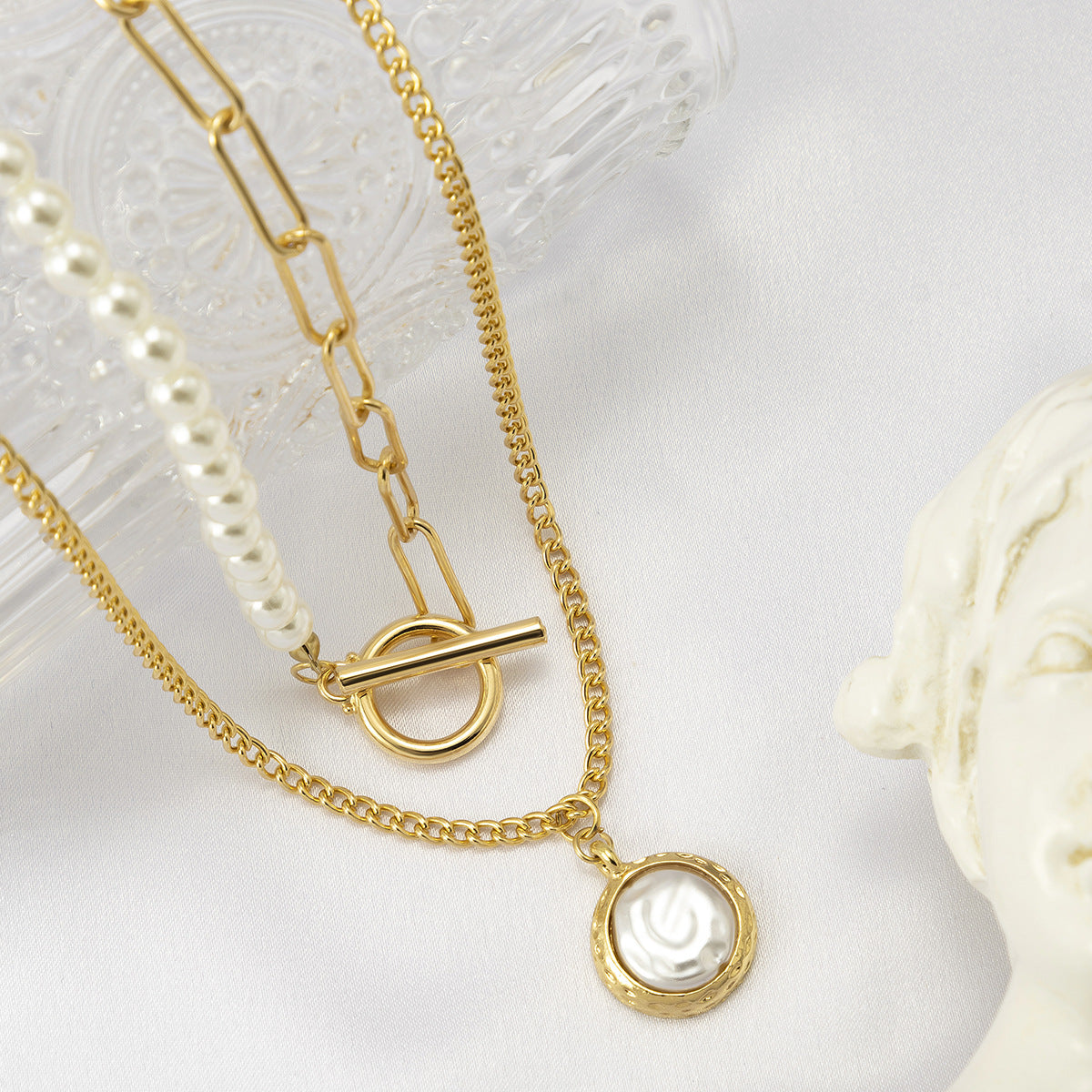 Cadena de metal versátil vintage con doble vuelta en perlas y piedras