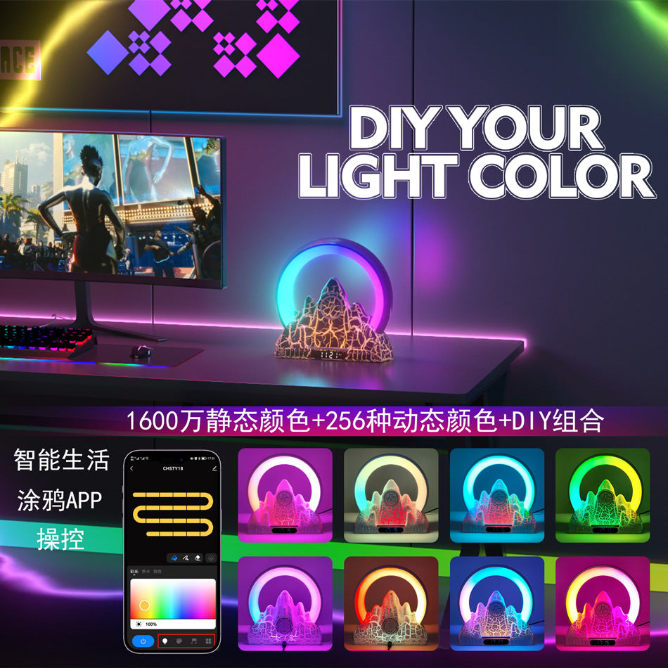 Reloj despertador de carga inalámbrico Colorful Flame Mountain, multifuncional con Luz LED distintos colores de proyección