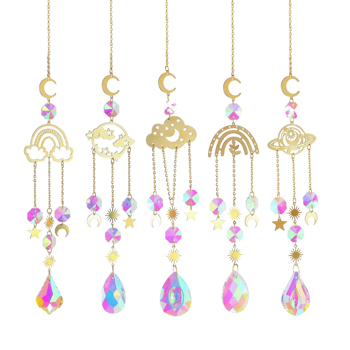 Colgante de decoración de jardín, colgante de cristal en forma de estrellas y lunas brillantes con la luz del día, bellísimo para decorar