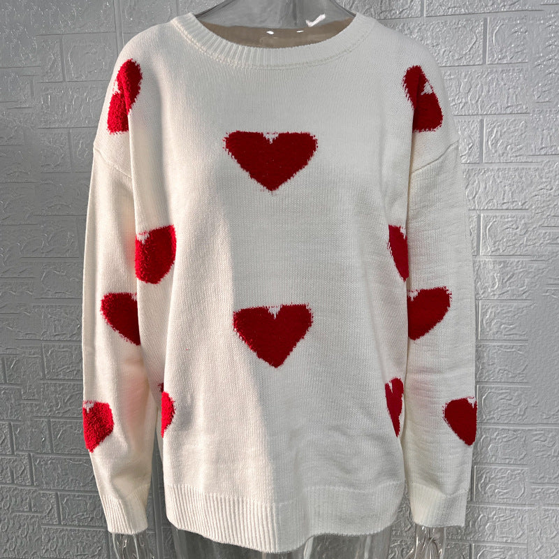 Jersey Con Patrón De Corazón, Jersey Casual De Manga Larga Con Hombros Caídos, Ropa De Mujer