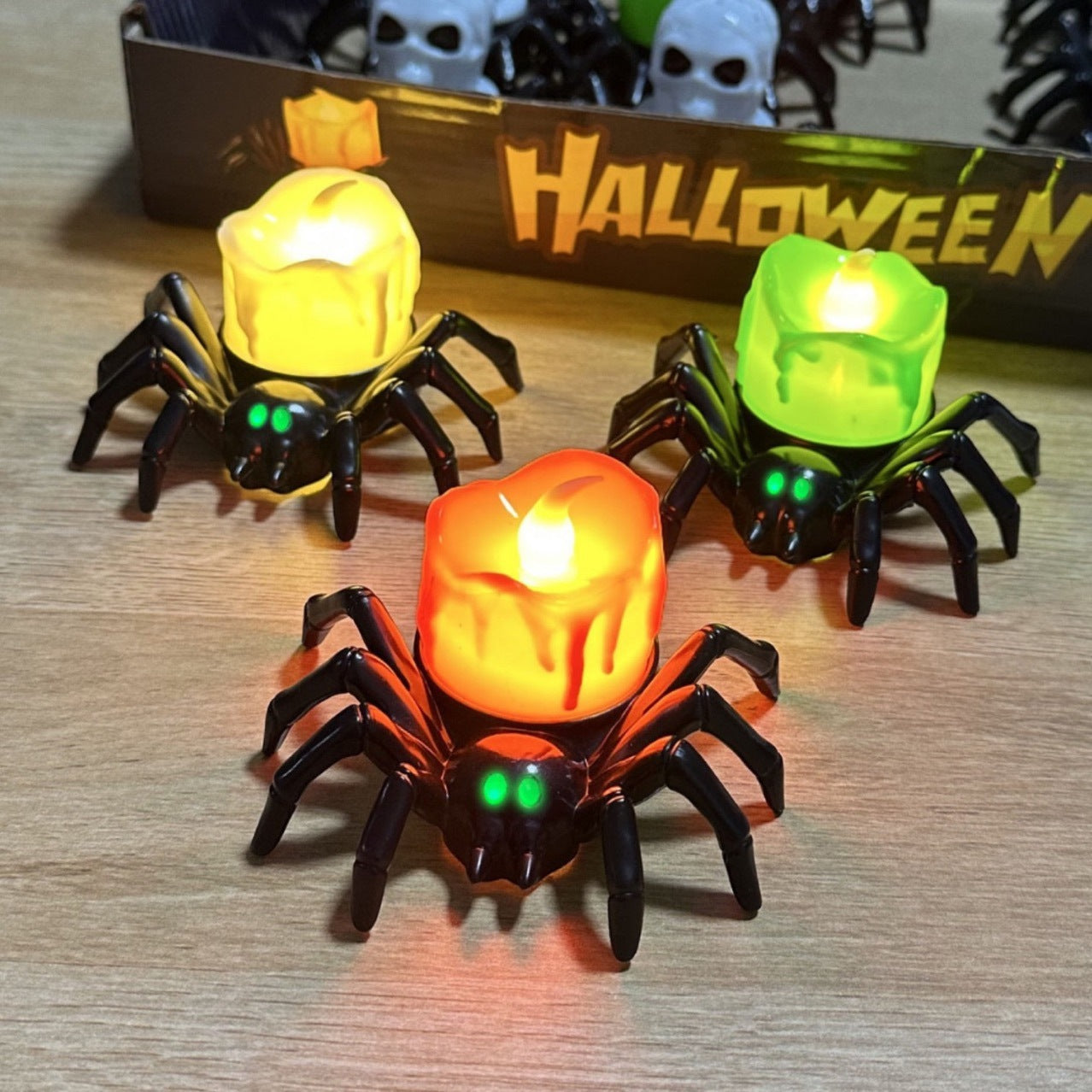 Vela y Props con Araña – Decoración de Halloween (Calabazas, Calaveras y Ojos) 🎃🕷️