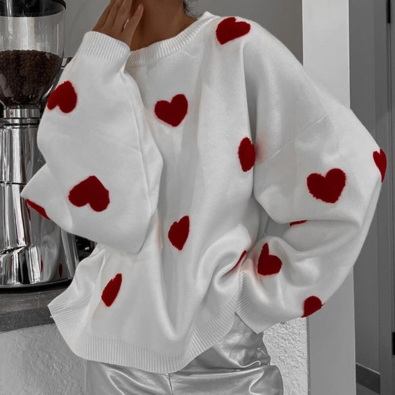 Jersey Con Patrón De Corazón, Jersey Casual De Manga Larga Con Hombros Caídos, Ropa De Mujer