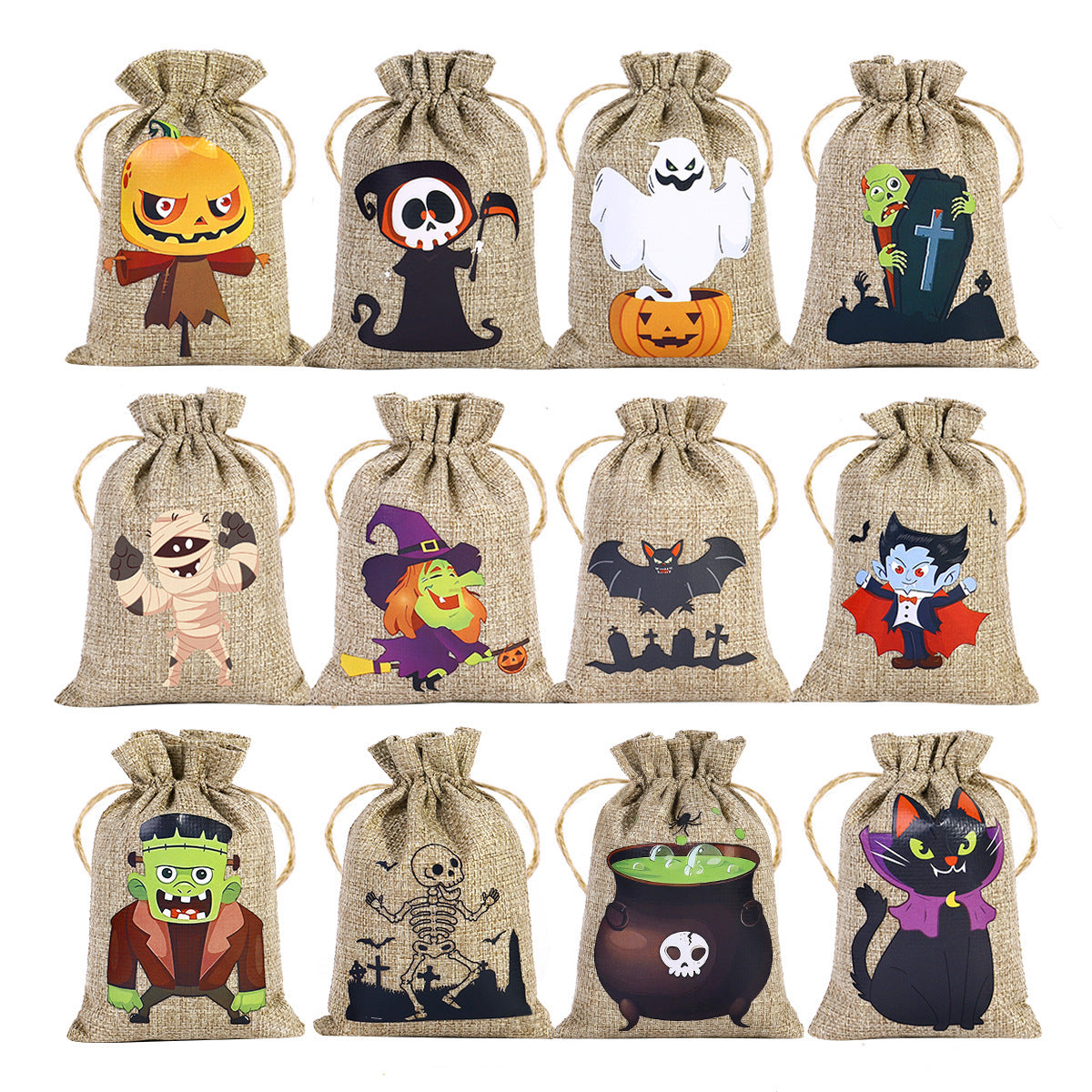 Bolsa de Dulces de Halloween 🍬 – Lino con Cordón y Diseños Terrorífico