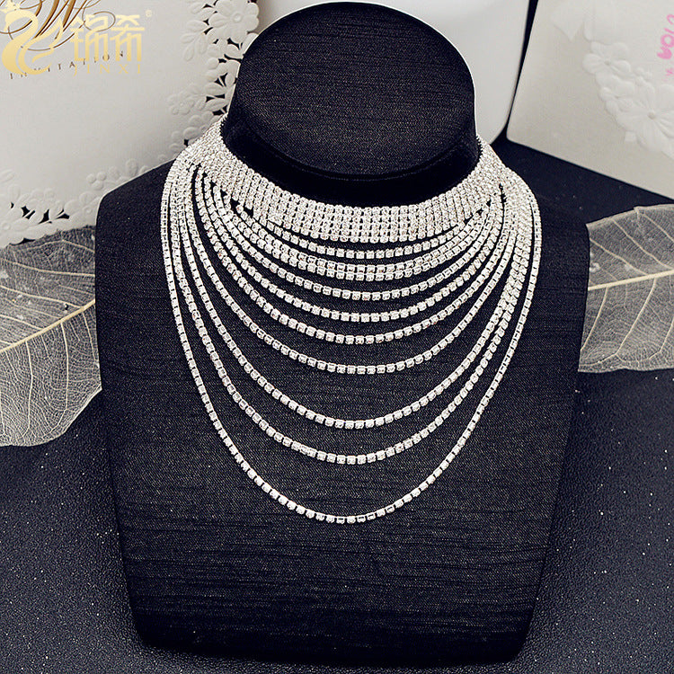 Collar de cadena con borlas de diamantes de imitación, gargantilla brillante varias vueltas en plateado