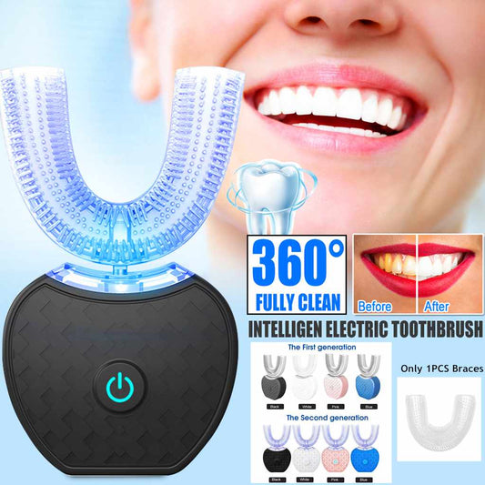 Cepillo de dientes eléctrico automático inteligente de 360 grados, resistente al agua, tipo U, blanqueador, luz azul, carga USB