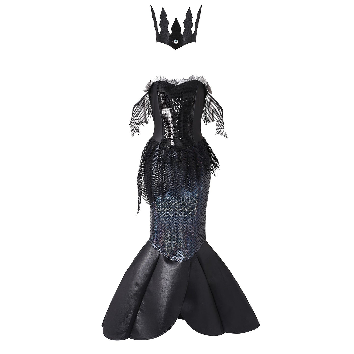 Disfraz de Sirena de razo y seda con encajes, Sirena Sexy en color negro y multicolor, Disfraz de mujer adulto