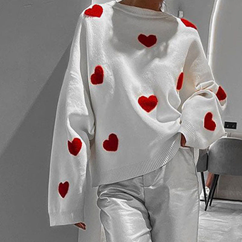 Jersey Con Patrón De Corazón, Jersey Casual De Manga Larga Con Hombros Caídos, Ropa De Mujer