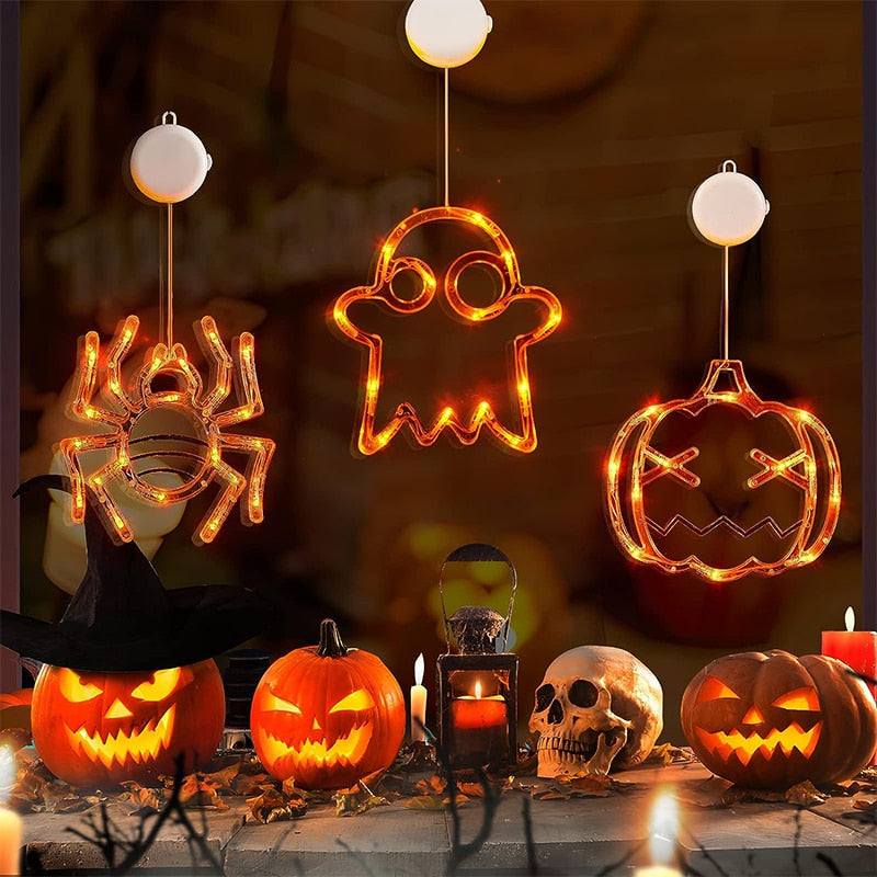 Luces LED colgantes para ventana de Halloween, araña, calabaza, fantasma colgante, luces de atmósfera de terror, decoración del hogar