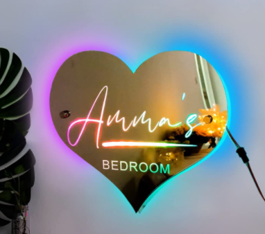 Espejo con luz LED y nombre personalizado para dormitorio, espejo de pared con luz LED, foto personalizada, regalo de Navidad, San Valentín y boda.