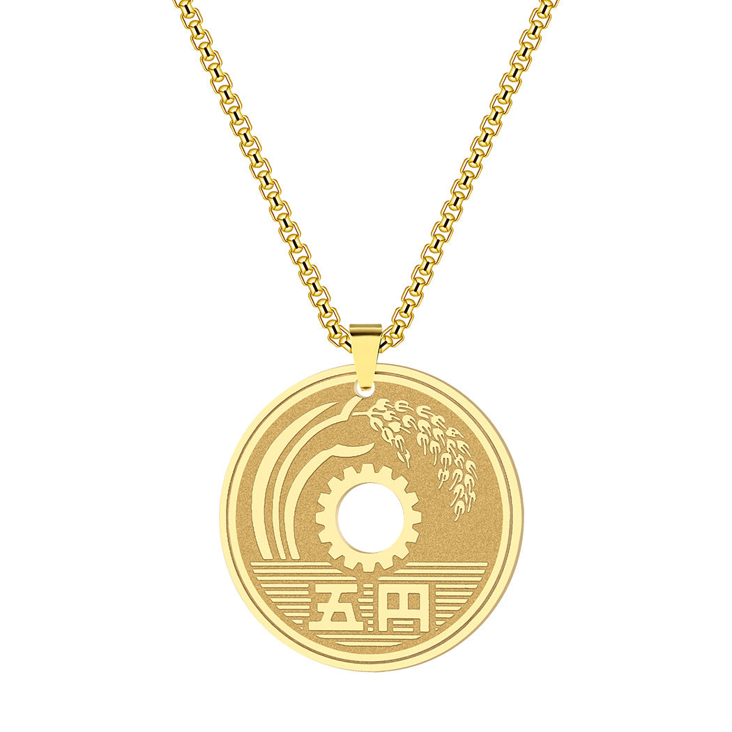 Collar de moneda japonesa para la a suerte, moneda de 5 yenes, joyería de acero inoxidable de círculo redondo