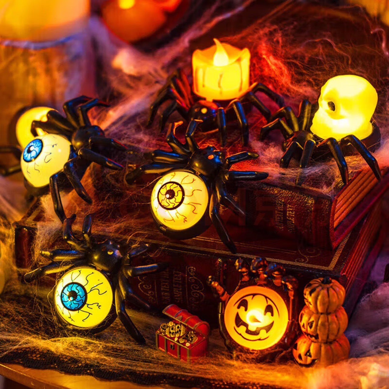 Vela y Props con Araña – Decoración de Halloween (Calabazas, Calaveras y Ojos) 🎃🕷️