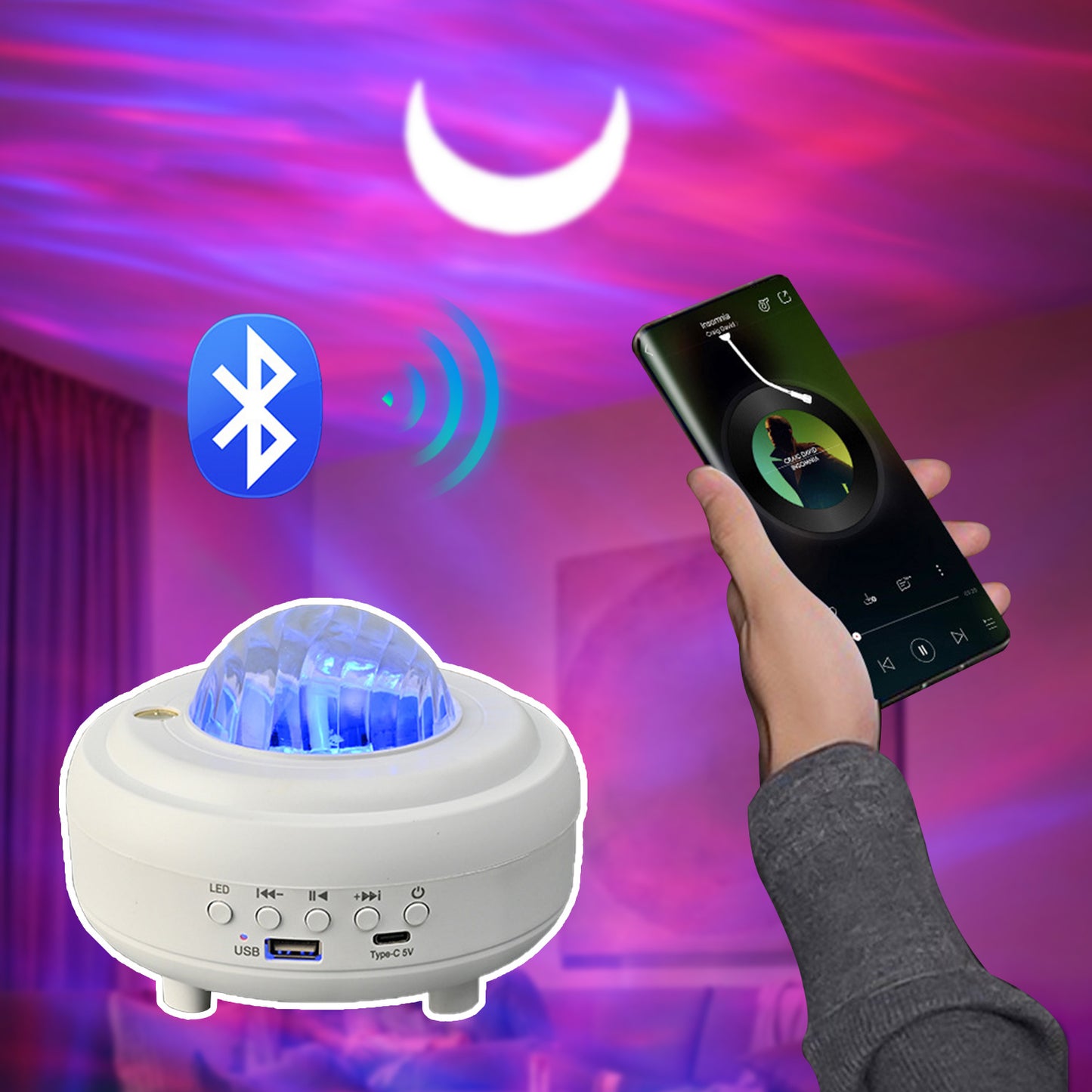 Lampara proyecctor de aurora boreal con bluetooth, de 7 colores, recargable