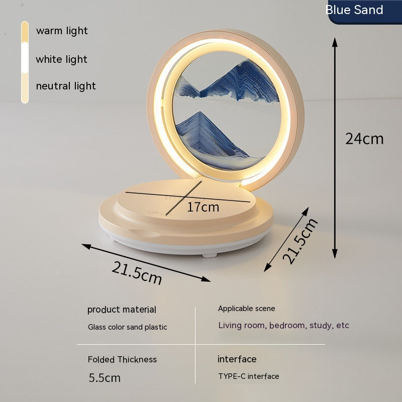 Lámpara de mesa con luz LED regulable, USB 3D reloj de arena en movimiento, de noche es luz nocturna (azul), cargador de celular