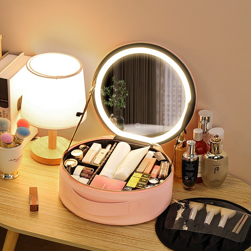 Maleta para maquillaje, Porta cosméticos  con luz  LED, caja de maquilla con luz  inteligente en forma redonda